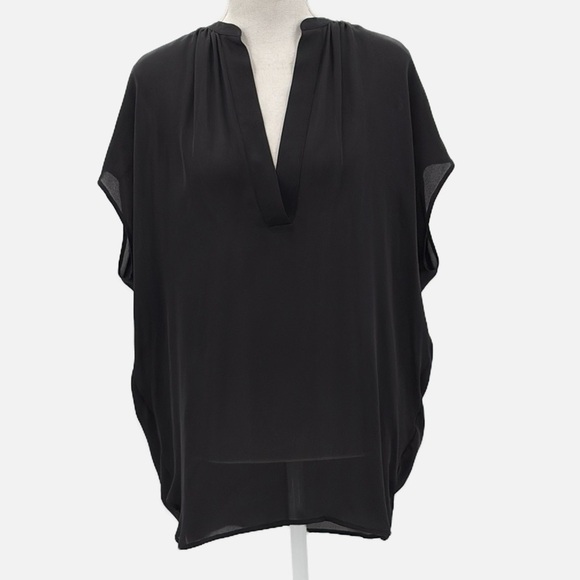 Vince 100% Silk Cap Sleeve Split Neck Sheer Tunic Length Blouse in Black - Small - Picture 3 of 8